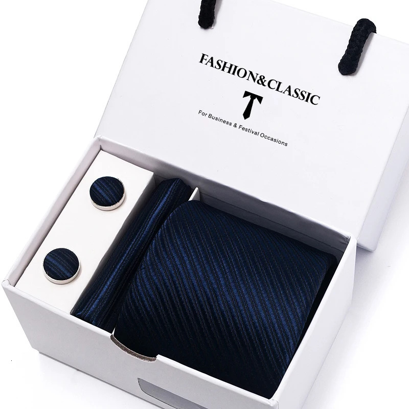 Holiday Gift Box 8 cm Red Stripe Mens Gravata Handkerchief Cufflinks Set For Men Suit Accessories Wedding Neckties 251023