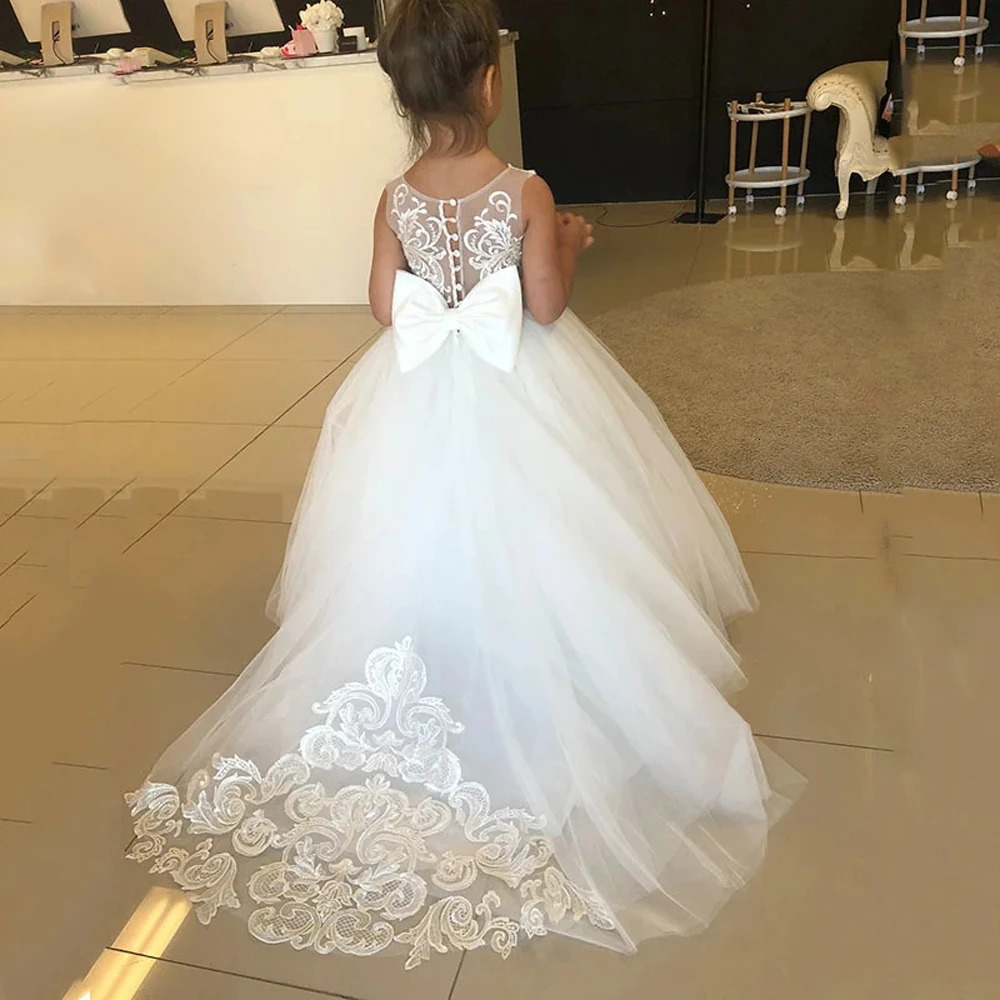 White Bridesmaid Dress For Girls Lace Big Bow Flower Girl Dresses Ball Gown Kids Wedding Party Pageant First Communion Gown 251023