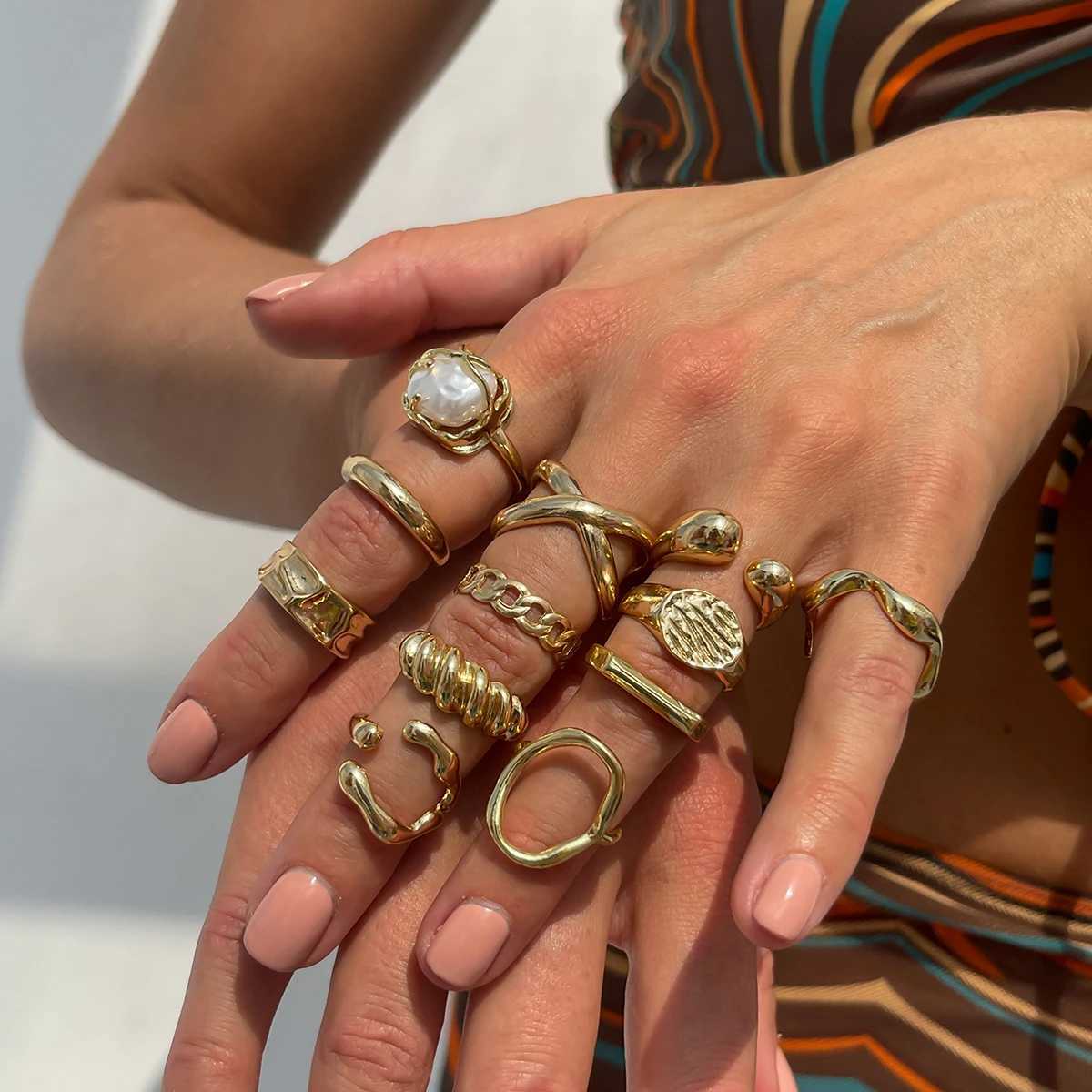 Ingemark 12PcsSet Creative Water Drop Wave Open Rings Women Trend 2025 Vintage Geometric Adjustable Finger Ring Daily JewelryXJ251025