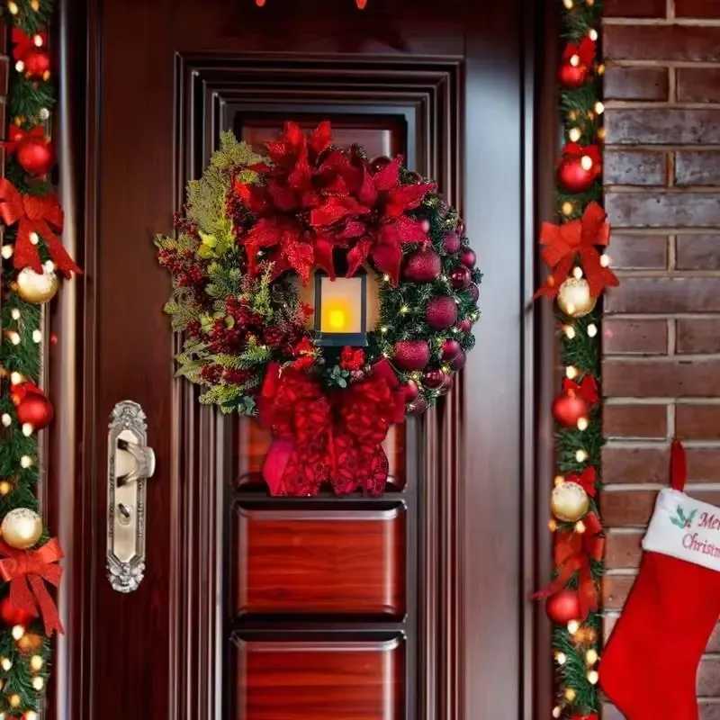 40cm Christmas Wreath With Lantern Front Door Garland With Large Bow Seasonal Ornament Christmas Decoration For Front Door Wall C251024