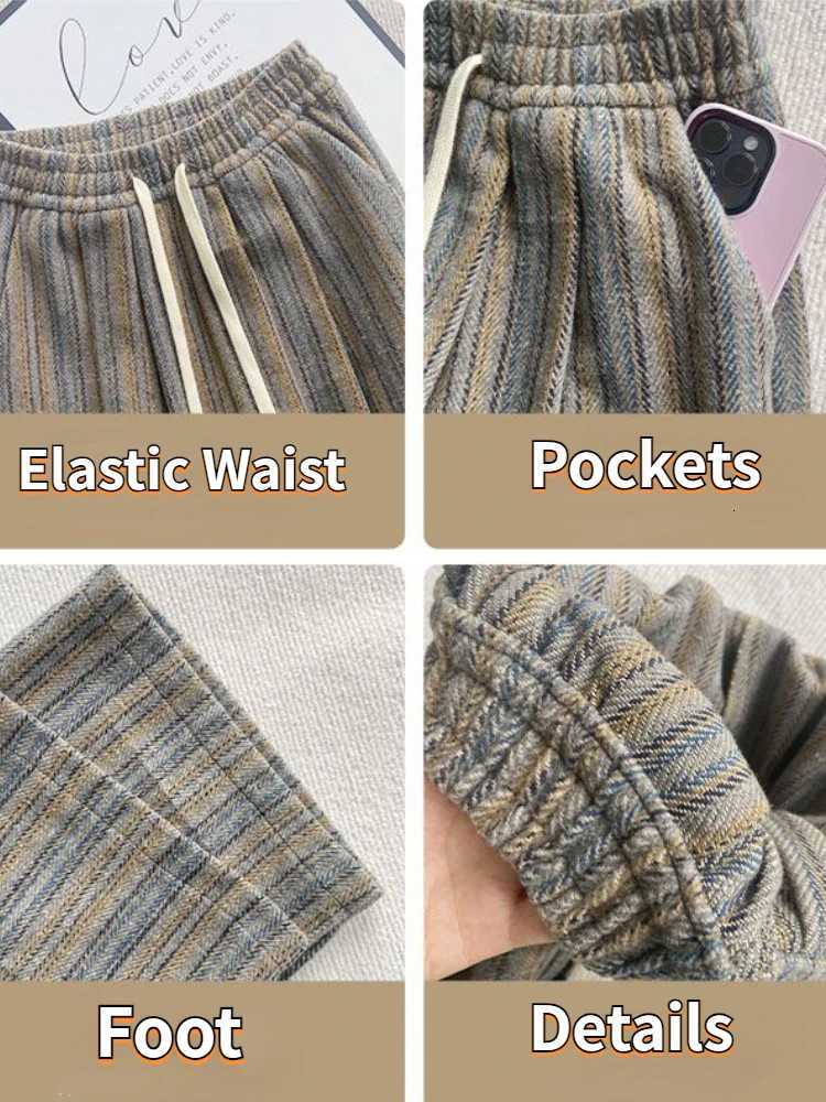 Woolen Striped Pants for Women Autumn Winter Vintage Stylish Wide Leg Mopping Trousers Loose Allmatch Female Casual Daily ChicT251025