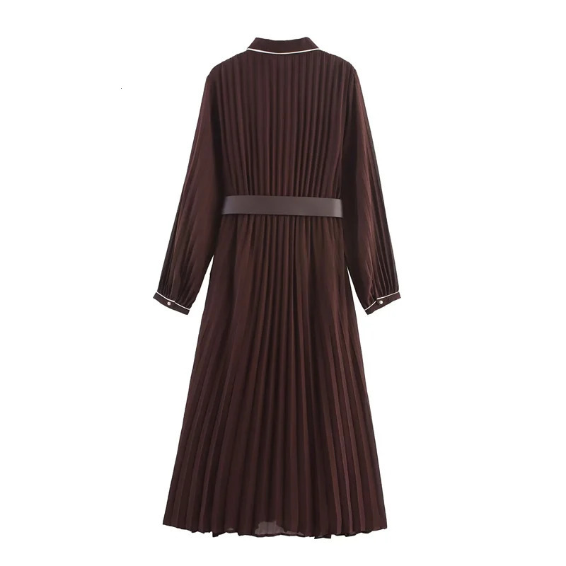 Womens Dresses Fall 2025 Russet Long Sleeves with Belt Pleated Embellished Midi Dress Maxi Dress Casual Fashion Personality 251023