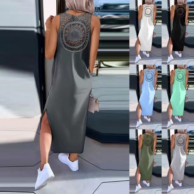 Women's Lace Hollow Out Strap Sleeveless Slit Tank Over-the-Knee Mid-Length Summer Dress