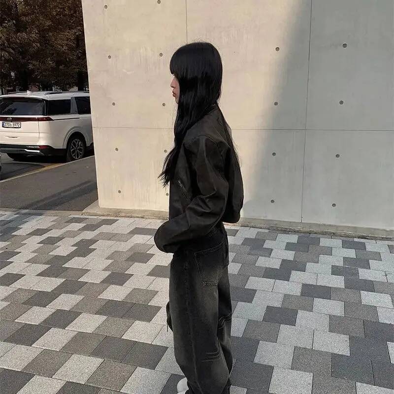 Korean style Handsome do old lapel zip loose versatile biker clothing PU leather short jacket dongdumaoyi