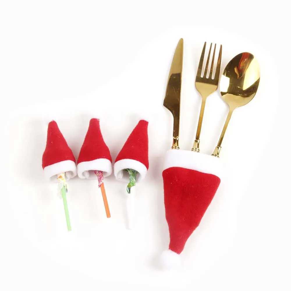 Mini Christmas Decoration HatsRed Mini Christmas CapWine Bottle Santa CapCutlery Holder for Kitchen Dining Decor C251024