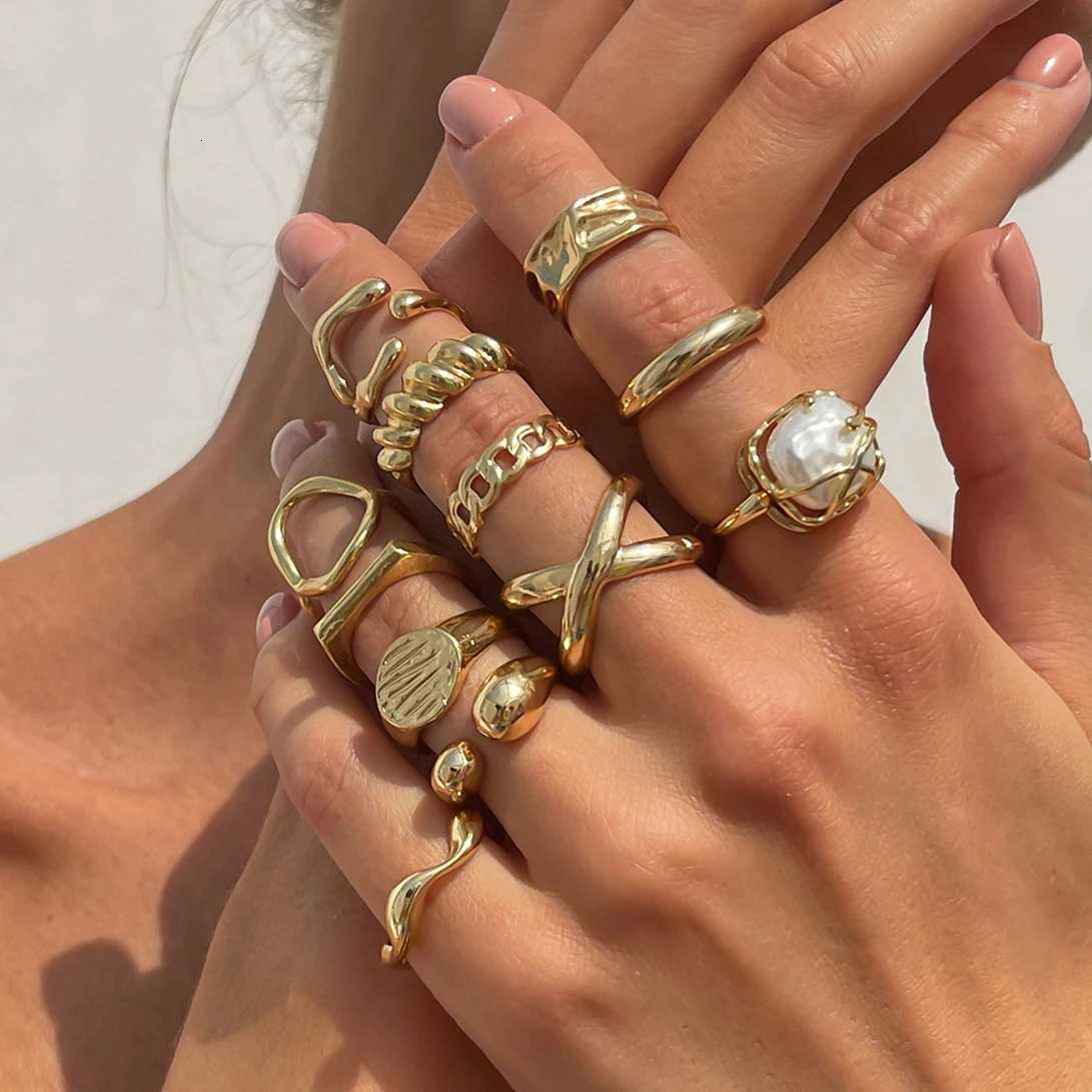 Ingemark 12PcsSet Creative Water Drop Wave Open Rings Women Trend 2025 Vintage Geometric Adjustable Finger Ring Daily JewelryXJ251025