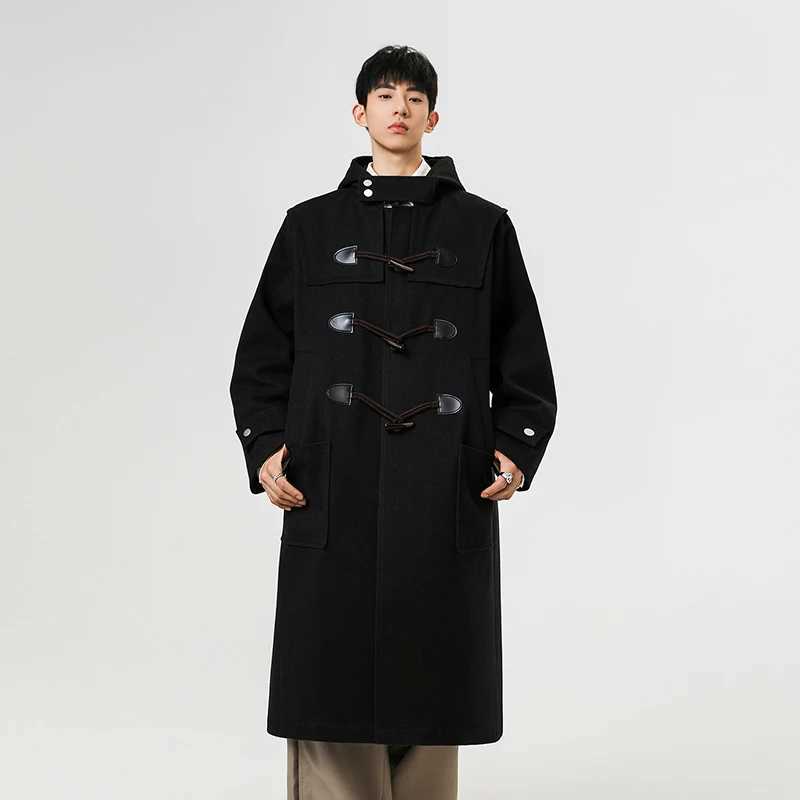 Coffee Color Mens Long Hooded Blend Trench Coat with Bullhorn Buttons Retro Midlength Windbreaker with Extended CoatT251025