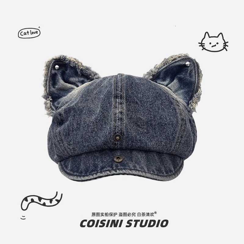 Janese Cute Cat Ear Flip Brim ed Denim Octagonal Newsboy C Wen Spring and Autumn Literary Large Version Berets Hat Y251025