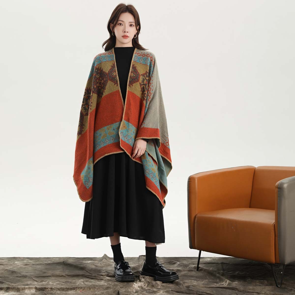 Womens Cape Shawl Autumn Winter Split Warm Imitation Cashmere Scarf Cape