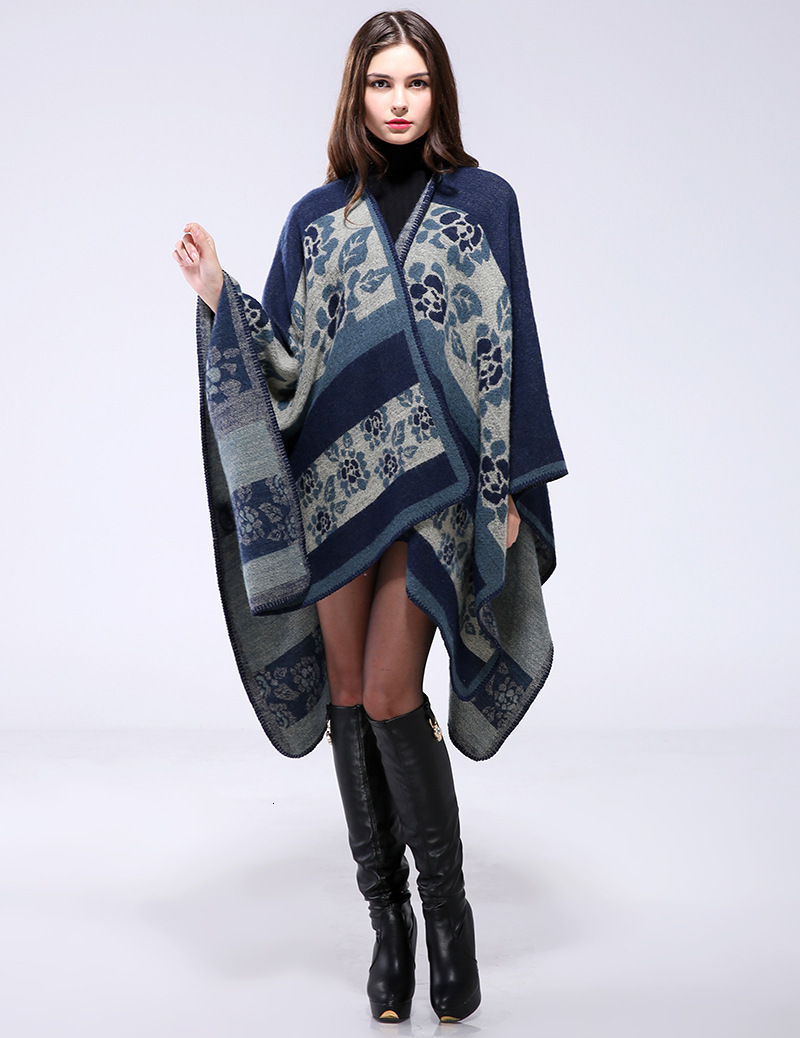 Feng Womens Autumn Winter Thickened Small Flower Warm Imitation Cashmere Shawl Cape Reversible Coat Womens Scarf