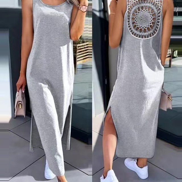 Women's Lace Hollow Out Strap Sleeveless Slit Tank Over-the-Knee Mid-Length Summer Dress
