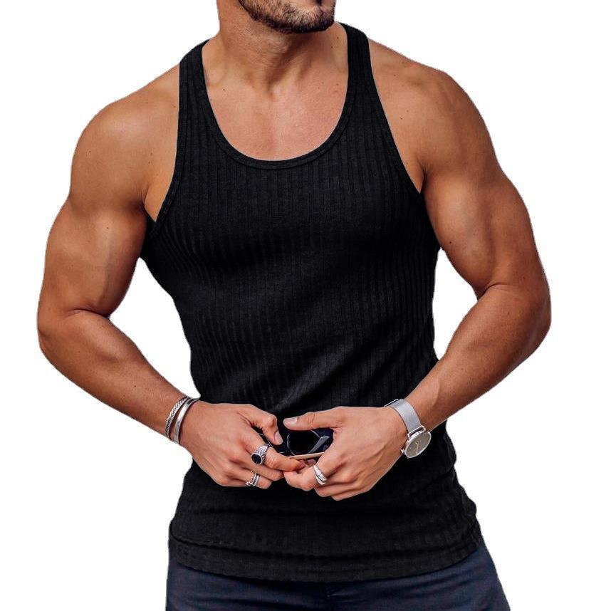 2025 New Spring Summer Knitted Solid Color Fitness Sports Slim Fit Tank Top Men's Clothing