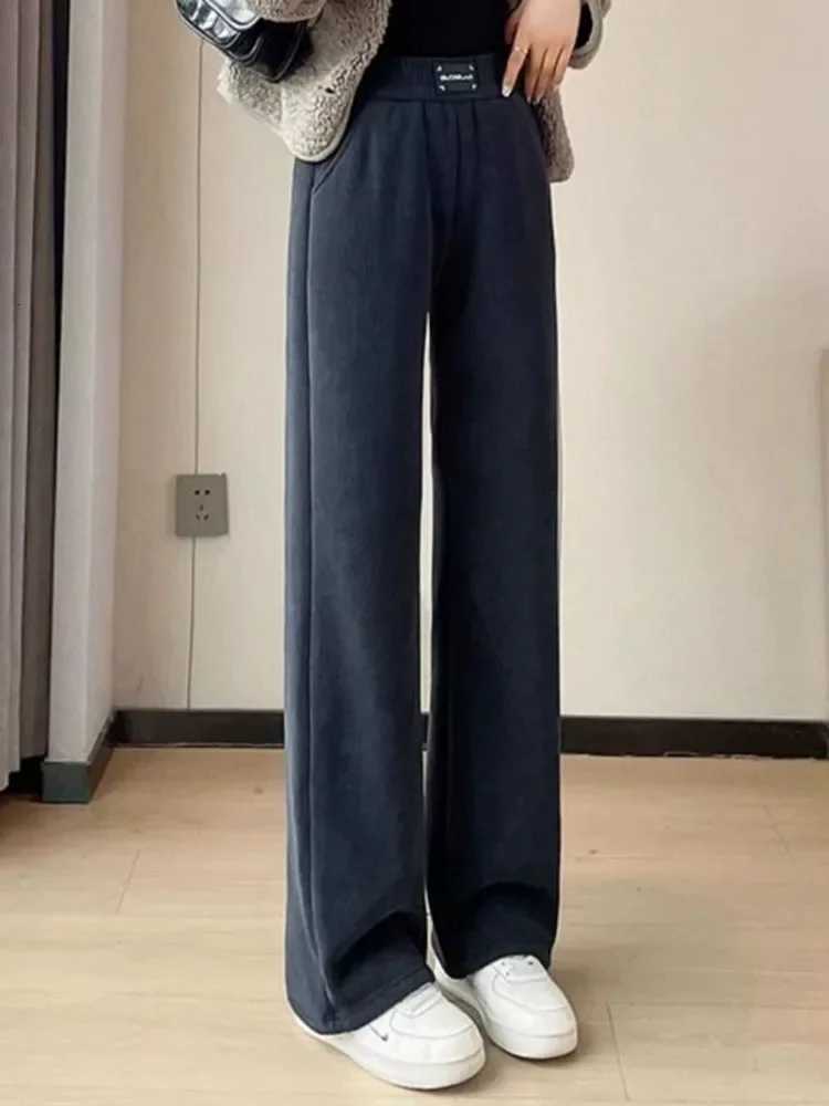 Winter Warm Thicken Lambswool Straight Pants Women Casual Elastic High Waist Fleece lined Wide Leg Pantalones Chic Baggy CalcaT251025