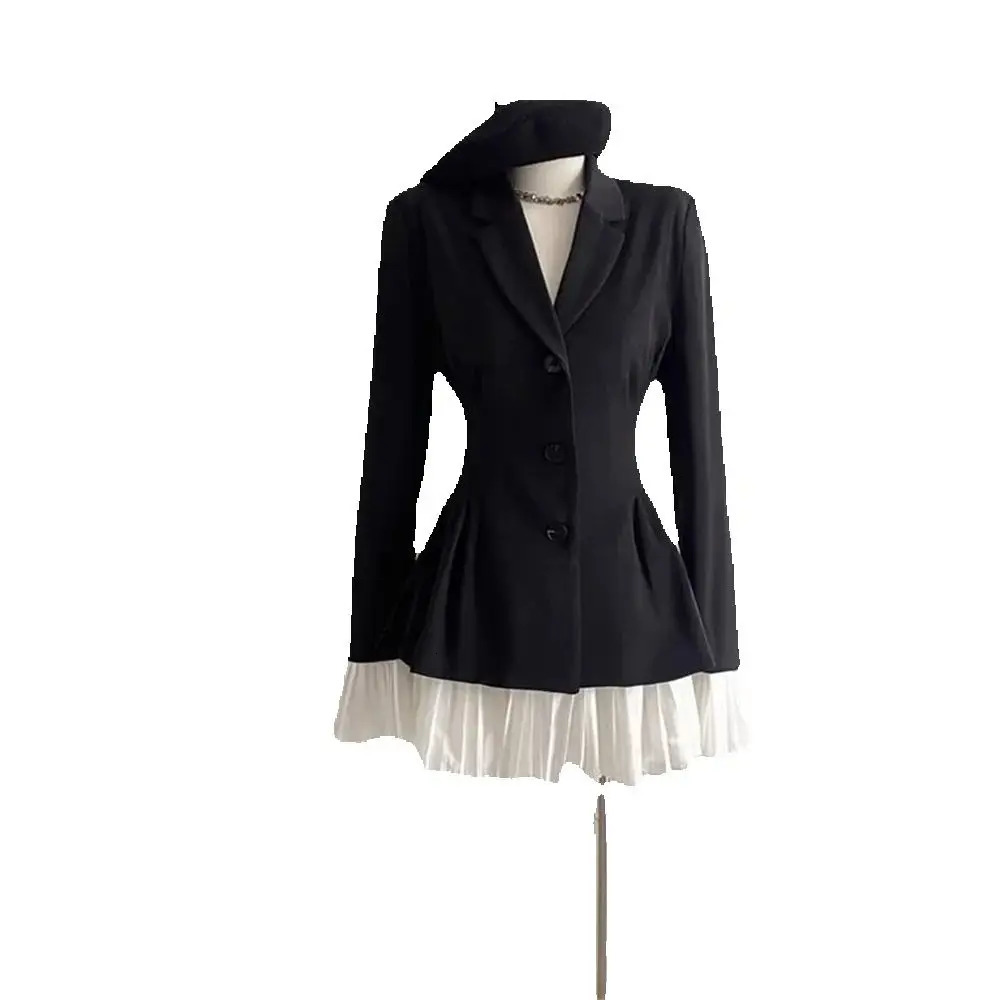 Black White Patchwork Blazer Pleated Spliced Dresses For Women Clothing Spring Autumn Fashion Blazer Coat Aline Dress 251024