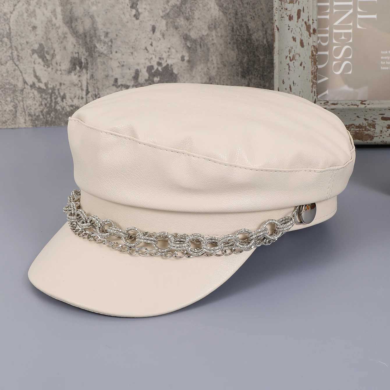 Simple British style PU leather size chain decoration newsboy hat shop trip selfie ry cover newsboy hat Y251025