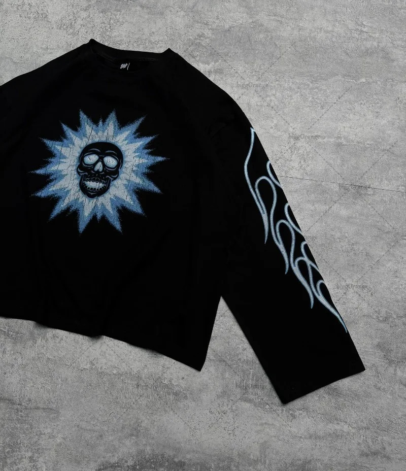 Gothic Punk Harajuku Y2K Casual Loose Black Cotton Long Sleeve Men American Retro Street Hiphop Fashion Oversized Top Women 251020