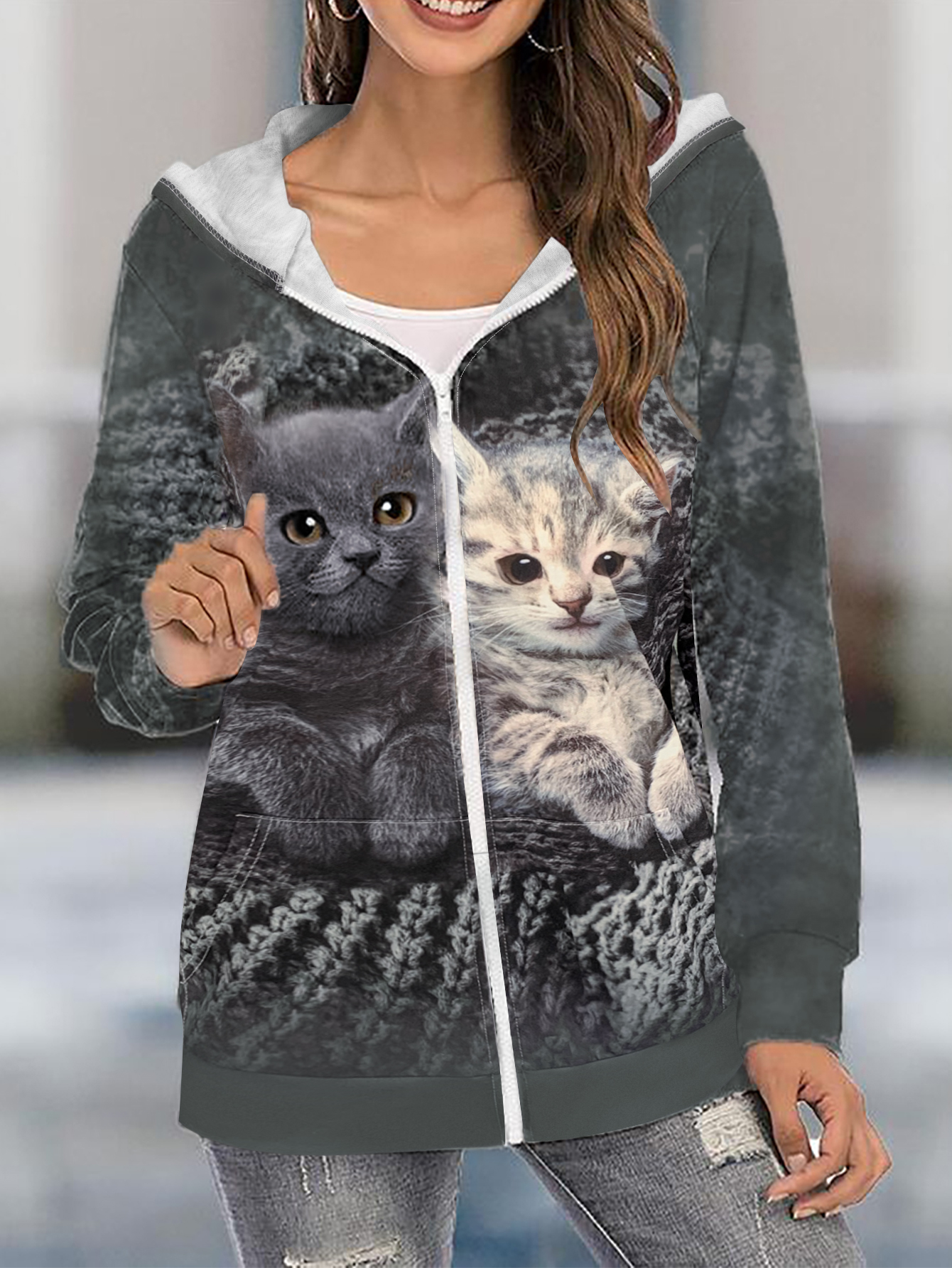 Autumn Winter New Retro Cat Printed Versatile Casual Zipper Hooded Jacket, Milk Silk Gray Hoodie, S-XXL--CF40322