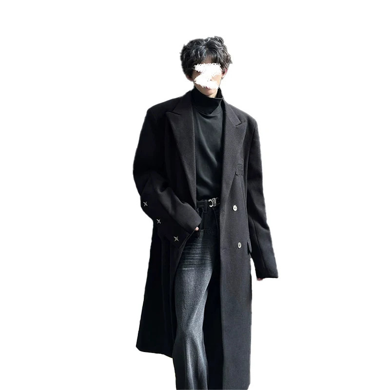Autumn Winter Mens Versatile Length Woolen Coat Over Knee Double Breasted Tweed Windbreaker Outerwear Faionable Korean Style 251023