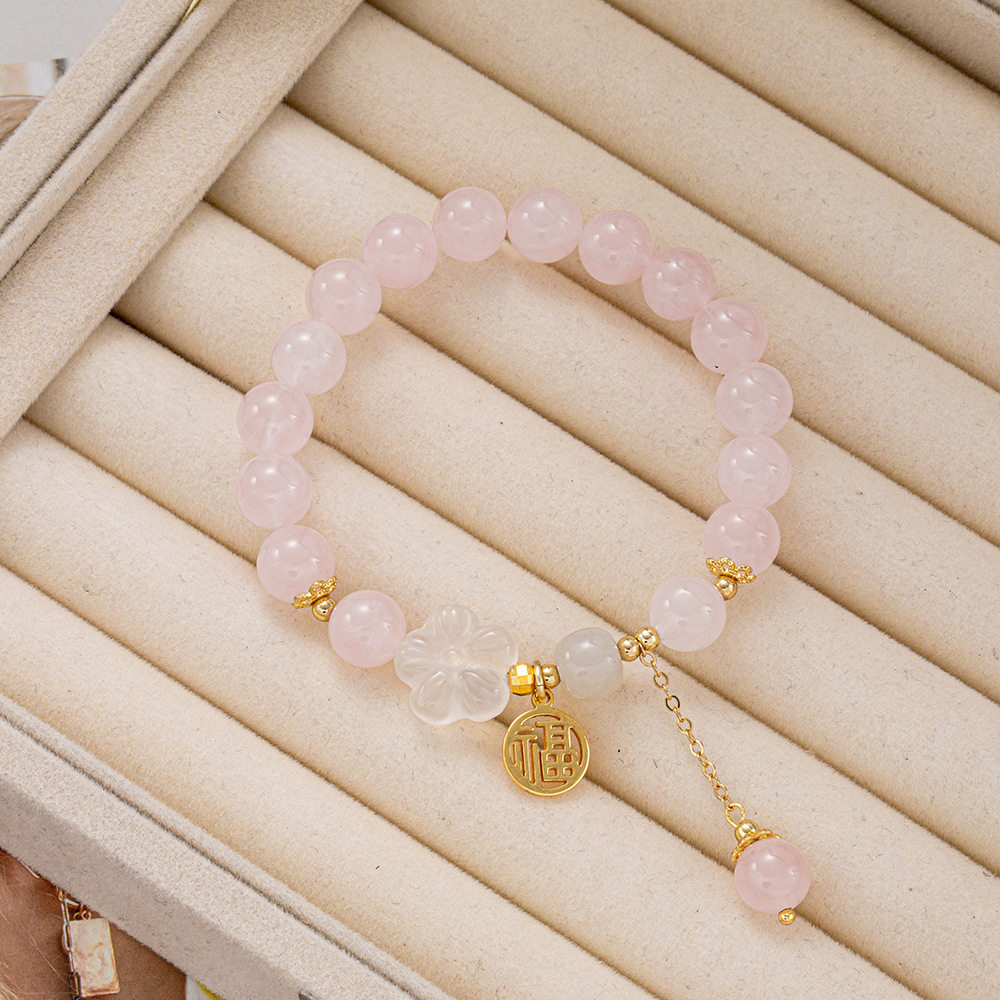 Women's Natural Crystal Bracelet with White Agate Peach Jade Beads