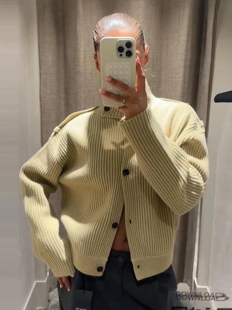 Knitted Womens Cardigan Stand Collar Full Sleeve SingleBreasted Solif Female Cardigans Autumn Fashion Chic Lady Outwears 251021