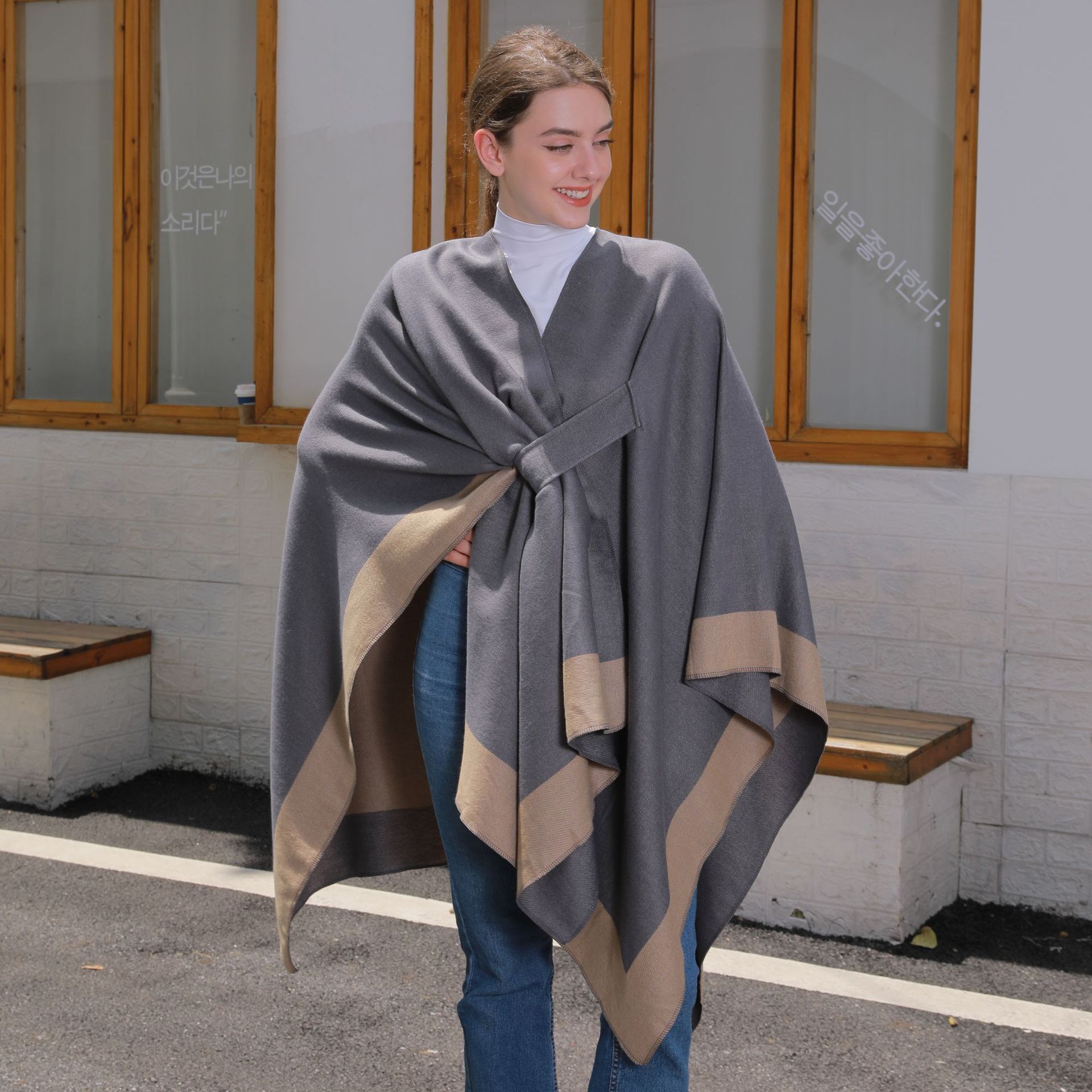 HotSelling LaceUp Split Shawl Womens DoubleSided Imitation Cashmere Split Cape Cardigan