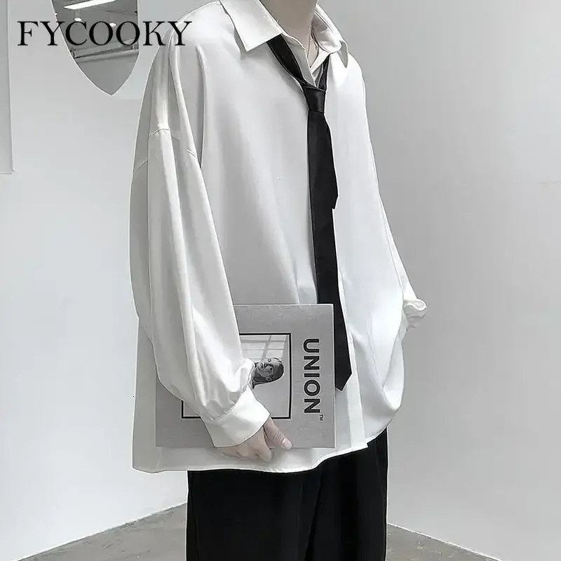 Black Longsleeved Shirts Men Korean Comfortable Blouses Casual Loose Single Breasted Shirt with Tie 251023