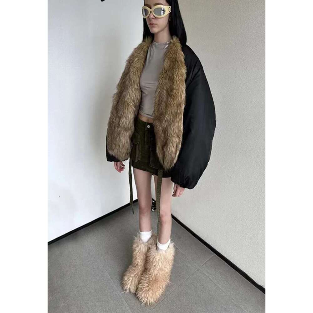 Jusahy Women Winter New Furry Solid Casual Street Chic Straight Classic Thicken Patchwork Turn Down Collar Padded Jacket NEW