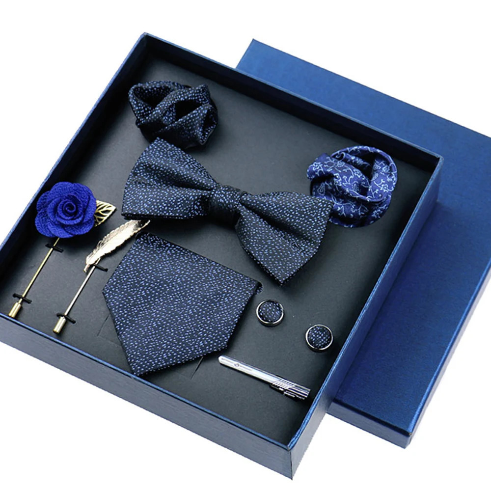 8piece Set Bussiness Blue Ties For Mans Floral Brooches Pin Cufflinks Tie Clips Butterfly Bowtie Wedding Accessori Gift Box Set 251023