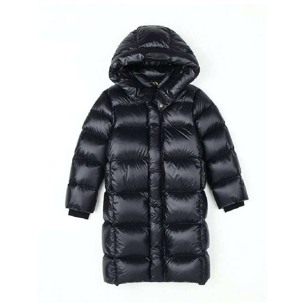 Winter Warm Girls Black X-Long Hooded Full Zipper Puffer Jackets School Kids Thick Snow Coat Children Outfit Windbreaker 5-16 Yr