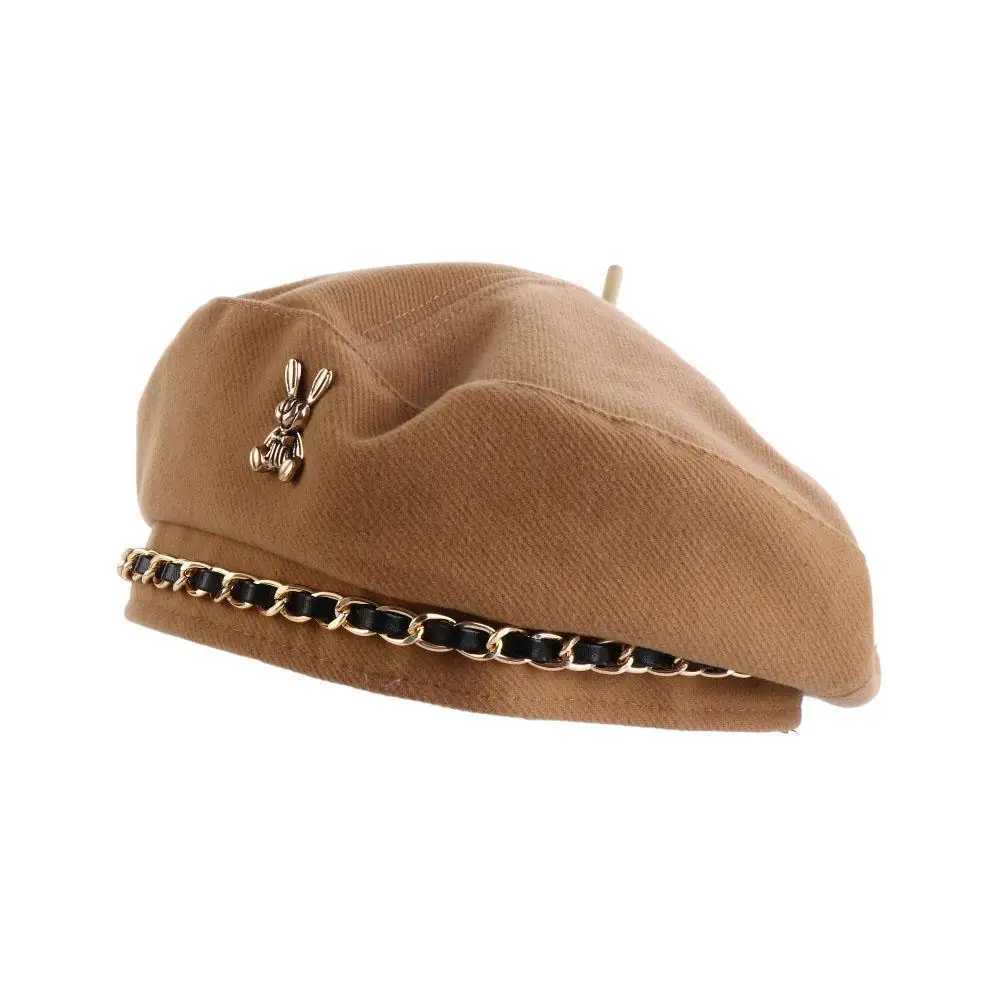 Gift Metal Chain Girl Beanie Hat Windproof Rabbit Pattern Korean Style Hat Winter Autumn Beret Wen Beret Fashion Painter Hat Y251025