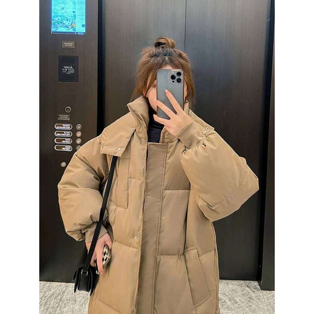 Thickened Down Cotton Bread Style Coat Women's Winter 2025 Outerwear Korean Loose Long Knee Length Solid Hooded Jacket Coats Designer Women