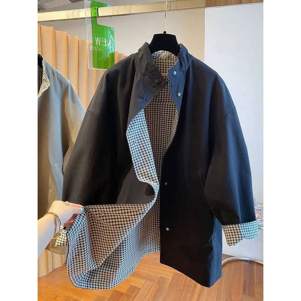 Superaen Loose Cotton Leather Patchwork Lapel Collar Design Jackets For Women Fashion Plaid Long Sleeved Spring New Coats