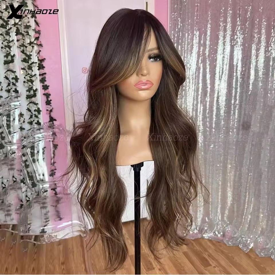 Highlight Honey Blonde Balayage Wig Body Wave Human Hair Lace Front Wig with bang fringe Frontal ombre chestnut brown Colored Human Hair hd lace Wig