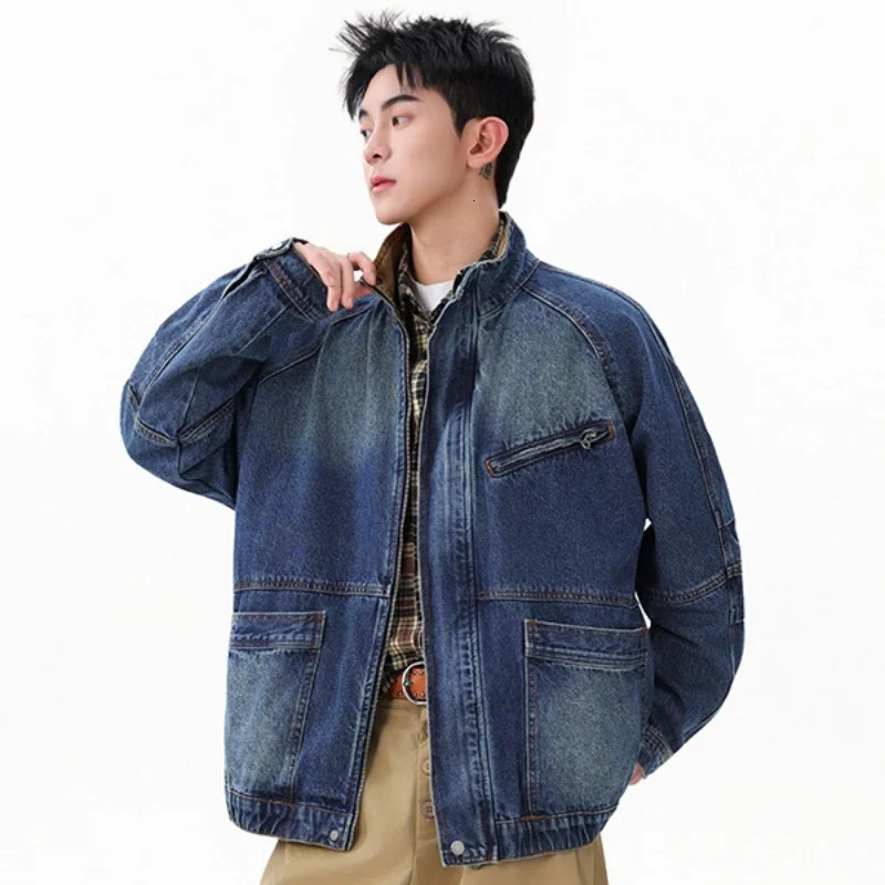 Retro Washed Stand Collar Denim Jacket Women Man n Driven Zip Up Workwear Top 251017