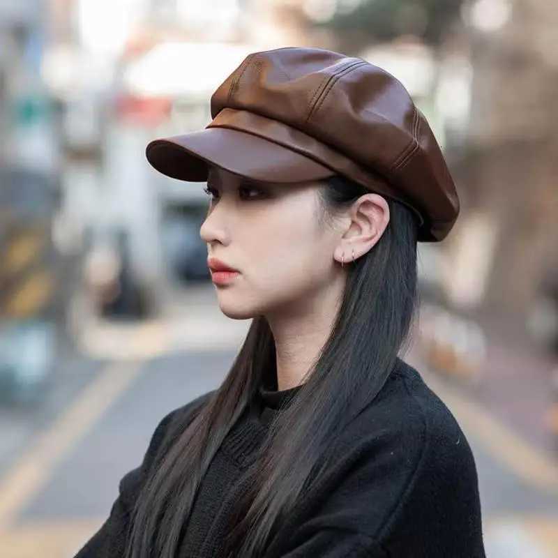 Korean version of the face small PU beret outdoor temperament fashion retro octagonal hat online celebrity trend c beret Y251025