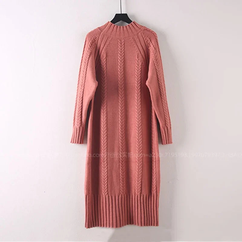 Winter Thicken Plush Velvet Lined Sweater Dress Womens Fall Half Turtleneck Rib Knit Bottom Dresses Elegant Warm Vestido Midi 251023