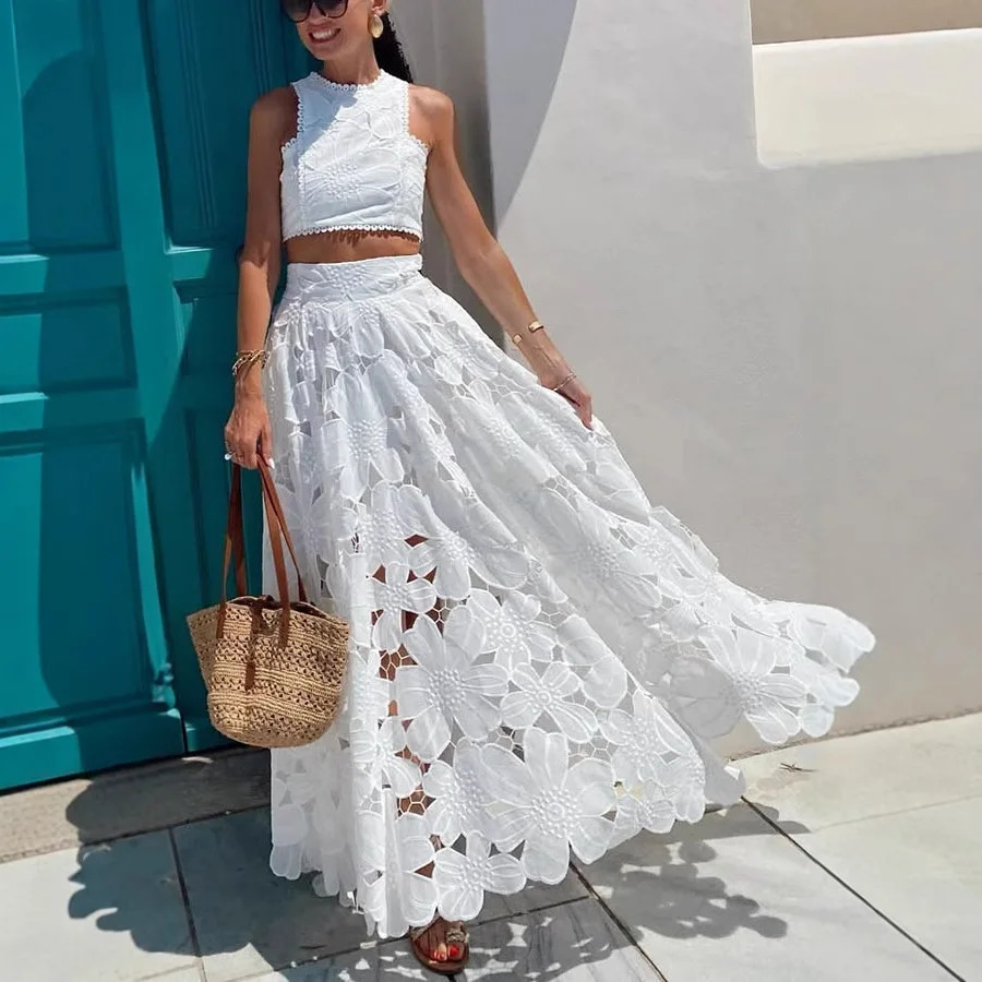 PRINTKAOIR Spring Summer Women White Flower Casual Lace Hollow Out Vest Top And Long Skirt Two Piece Set Holiday 251016