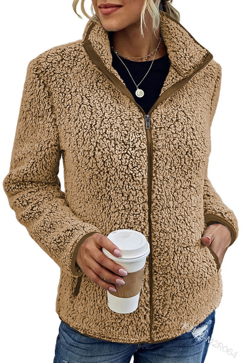 2025 Stand Collar Solid Color Sweatshirt Women's Casual Fashion Long Sleeve Zipper Bubble Fleece Jacket