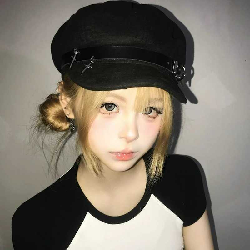 Ne Punk Subcture Black Painter Beret Hat Metal Cross C Summer Autumn Fashion Janese Korean Style Lolita JK Heaears Cs Y251025