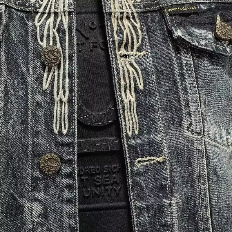 Mens retro denim jacket high street trendy embroidered lapel motorcycle loose casual fashion versatile mens clothing 251017