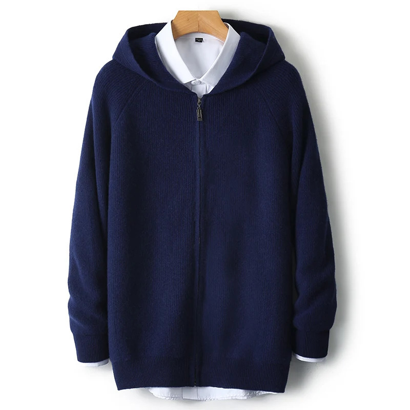 Men 100 Merino Wool Sweater Hooded Zipper Cardigan Autumn Winter Thickened Knit Largesize Jacket Long Sleeved Sportswear Coat 251020