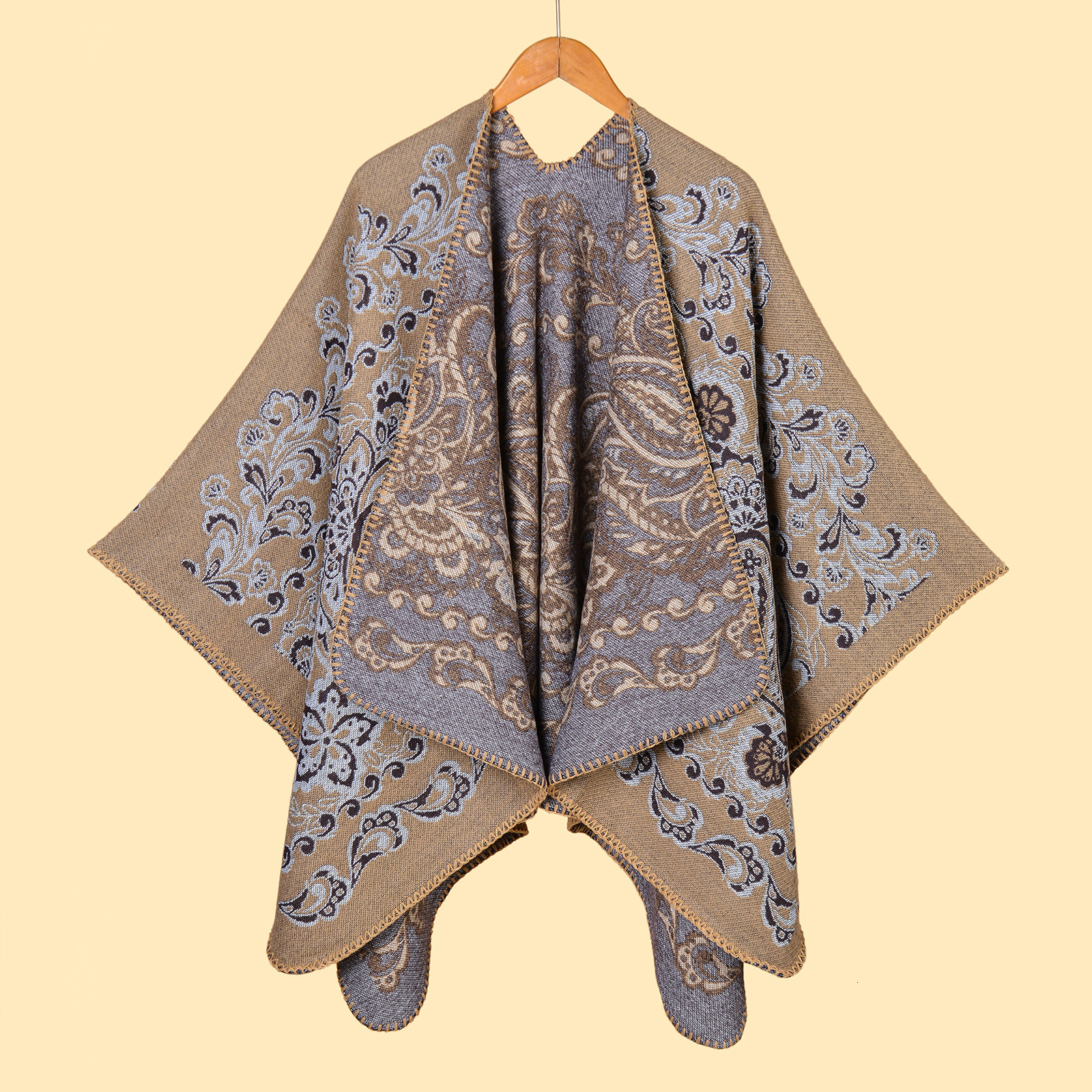 Womens Scarf Shawl Jacquard Thickened Imitation Cashmere Split Warm Shawl Cape Autumn Winter Style