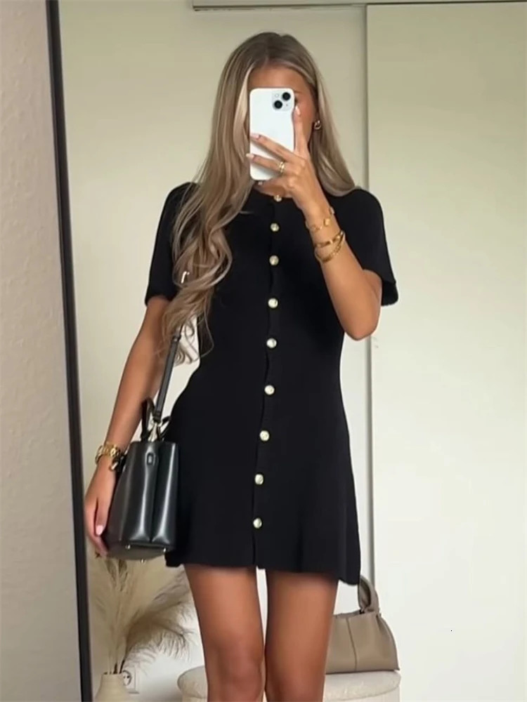 Trendix Elegant Knit Mini Dress Women Street Slim High Waist Short Sleeve Rib Sweater Dresses Vacation Bodycon Knitwear Dress 251023
