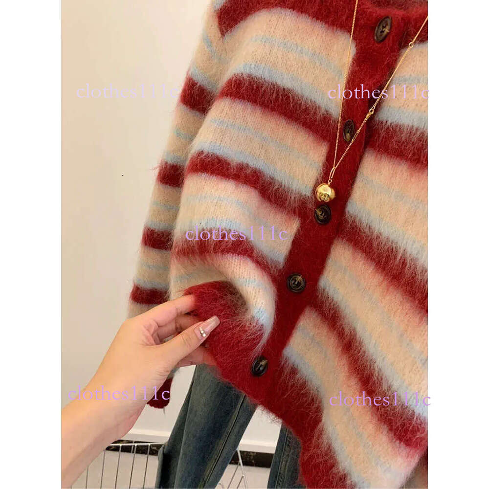 Autumn Winter New Sweet Red Striped Mohair Knitting Cardigan For Women Fashion Round Collar Single Breasted Sweater Coats