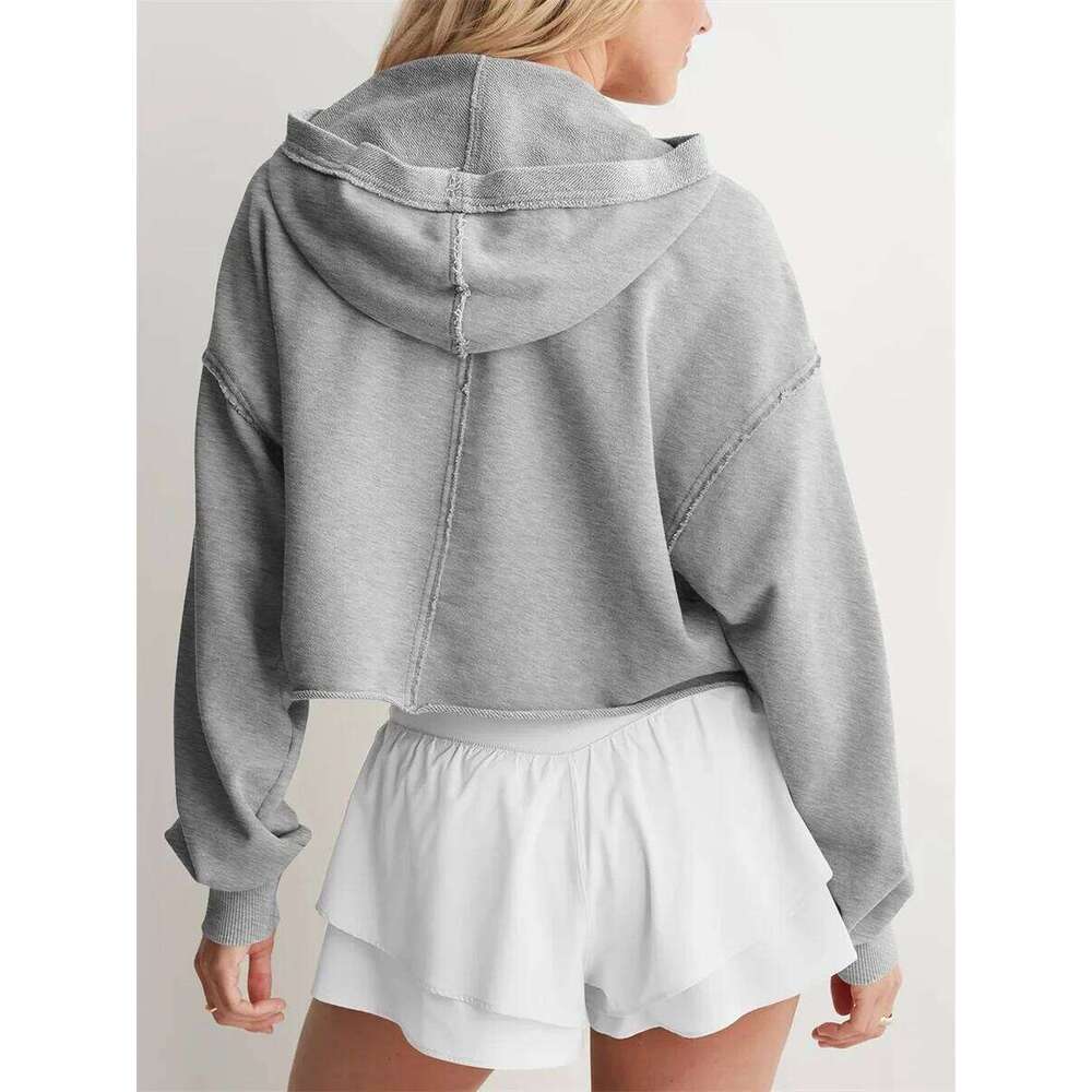 Women's Spring Autumn Hooded Sweatshirt Long Sleeve Solid Color V Neck Crop Hoodie hoodies women