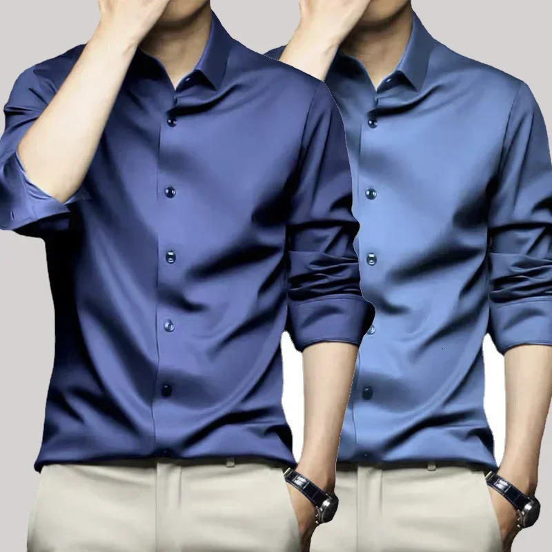 S6XL Mens Long Sleeve Shirt Wrinkle Resistant Pure White Shirt Business Dress Casual Ice Silk Glossy Shirt 251023