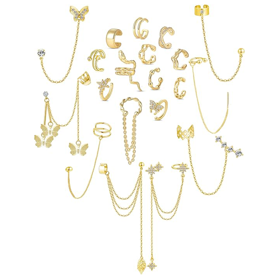 Ear Cuff Earrings for Women Stainless Steel Cuff Chain Drop Dangling Earrings Helix Cartilage Cuff Earring Non Pierced Adjustable Gold Tone