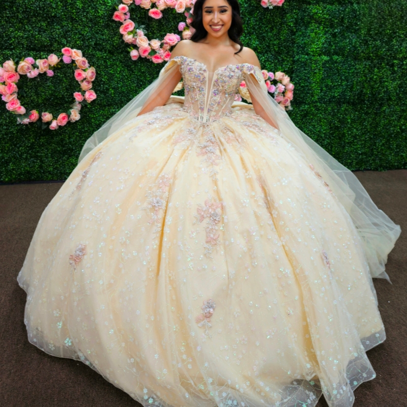 Champagne Shiny Quinceanera Dresses Ball Gown Off The Shoulder Applique Lace Beading Crystal Corset With Cape Party Birthday Sweet 16 Dress Vestidos 1