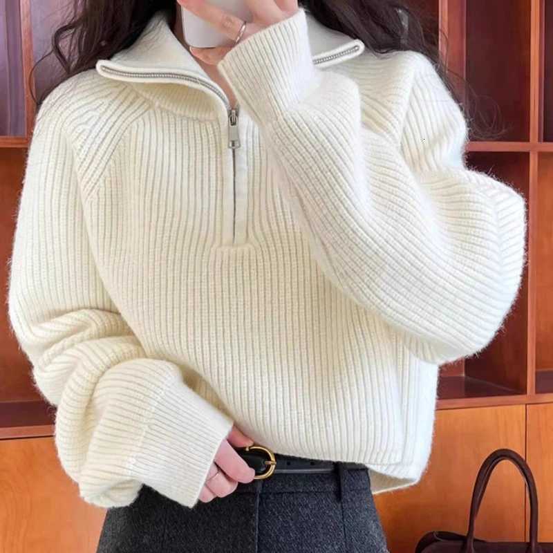 2025 New Fashion Half High Neck Zipper Knitted Sweater Womens Solid Color Sweater Casual Loose Crop Knit Top Elegant PulloversT251025