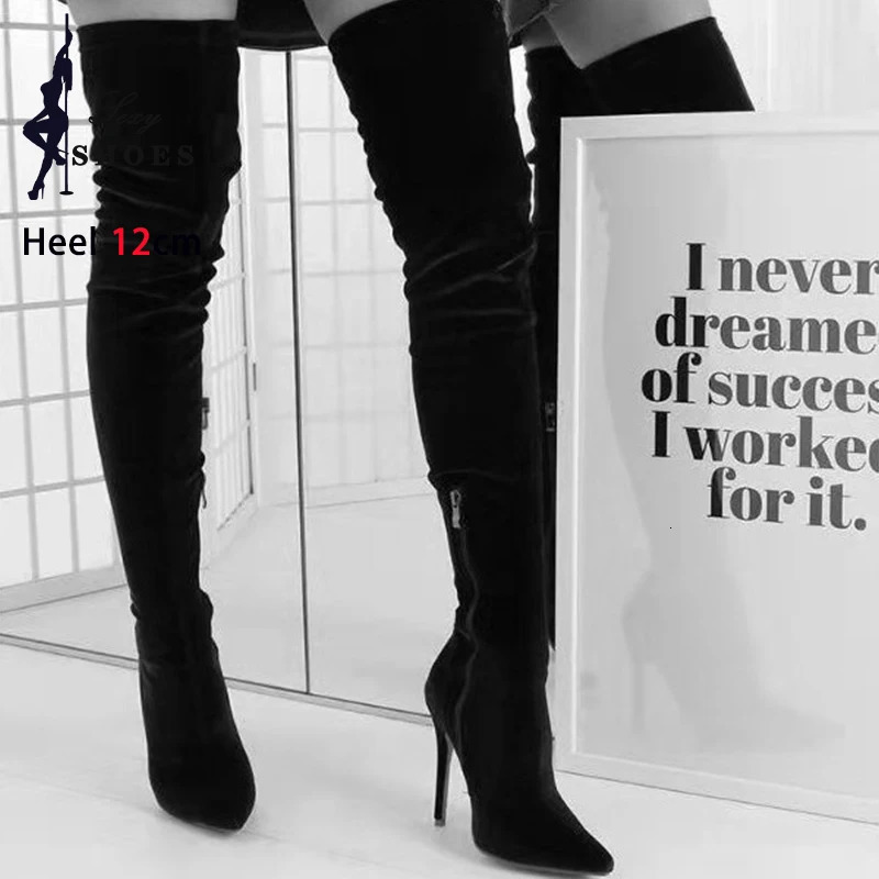 Velvet Long Boots For Women 2024 Spring Autumn Over Knee Shoes Lady Pointed Toe Stiletto Heels Plus Size Elastic Thigh Boots 251023